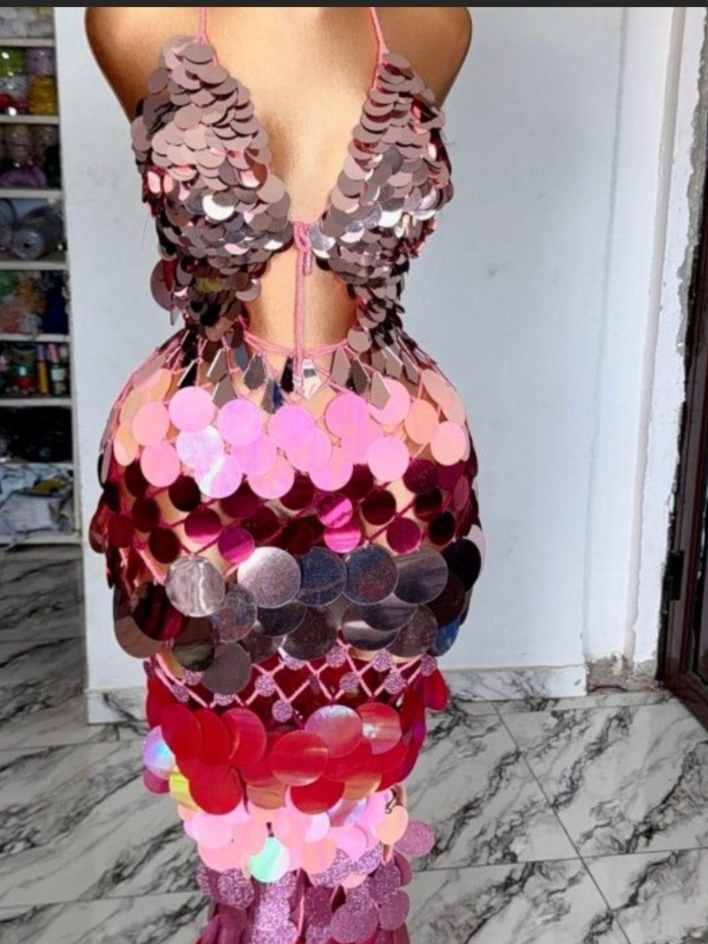 Pink Sequin Disc Cutout Prom Dress